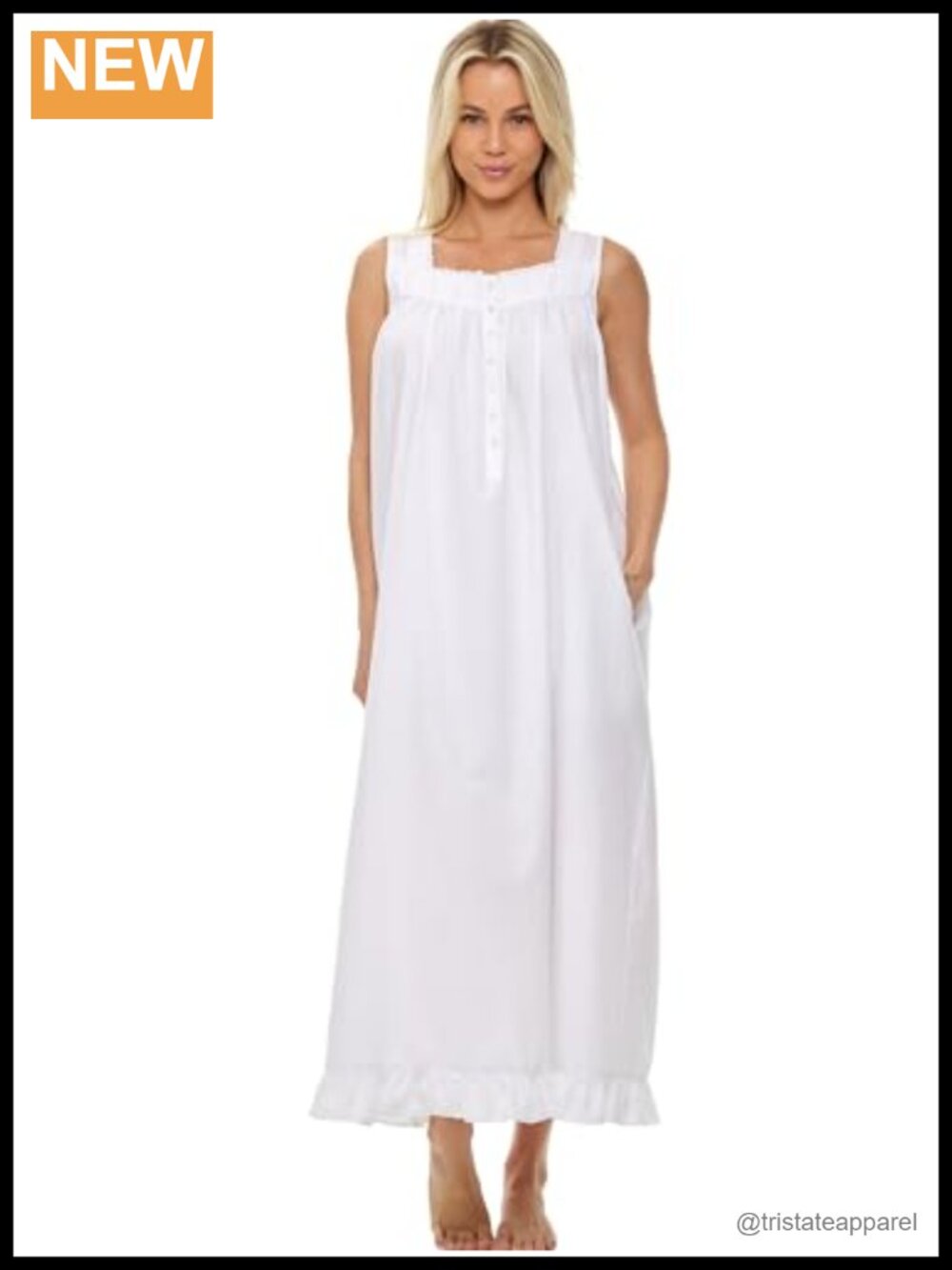 100% Cotton Sleeveless Button Up Long Nightgown with Pockets Vintage Sleep Dress